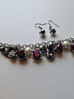 Purple Teardrop Charm Bracelet with Silver Accents And Matching Earrings